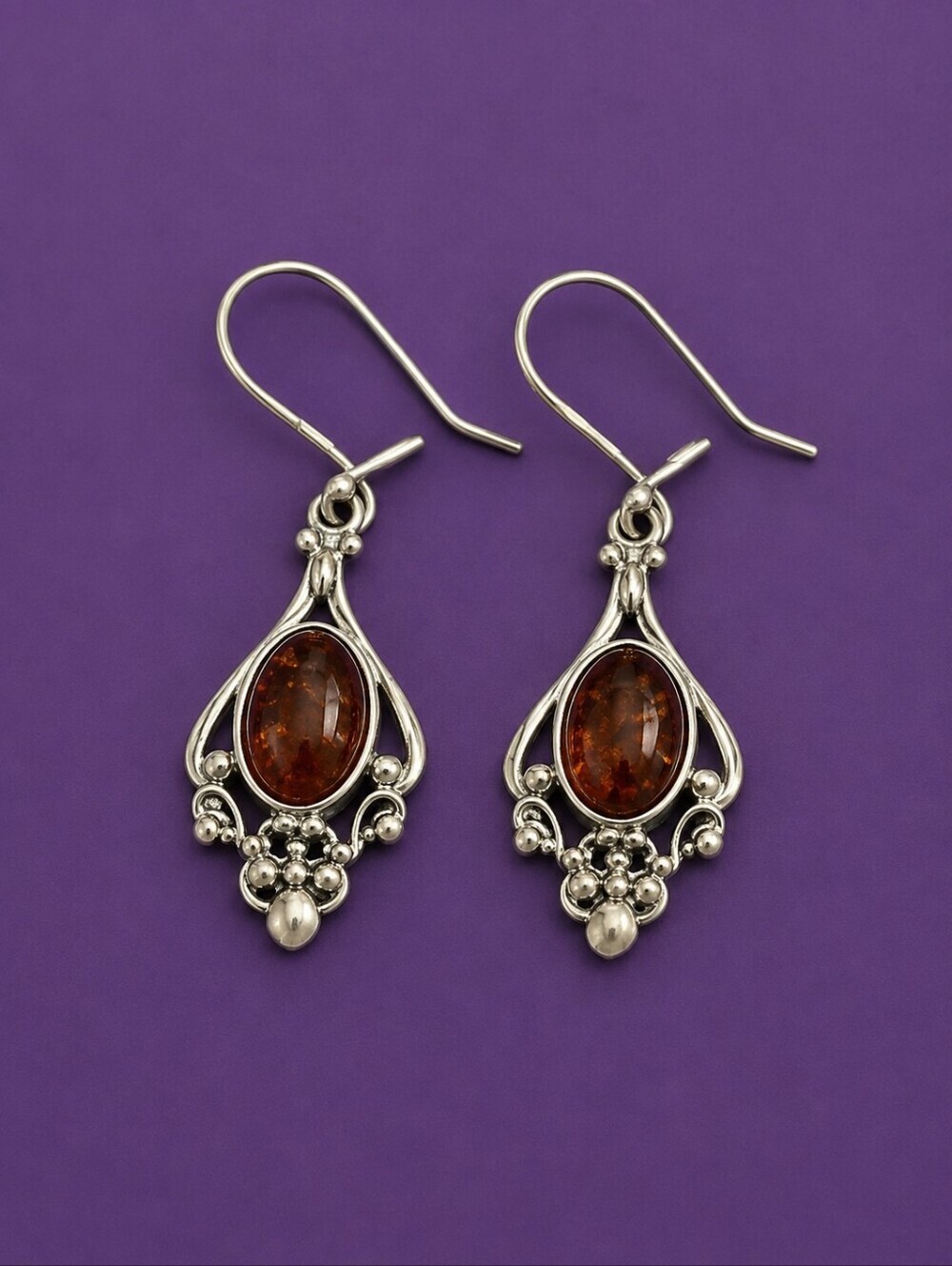 Polish Sterling Silver Amber Victorian Colonial Castlecore Dangle Hook Earrings